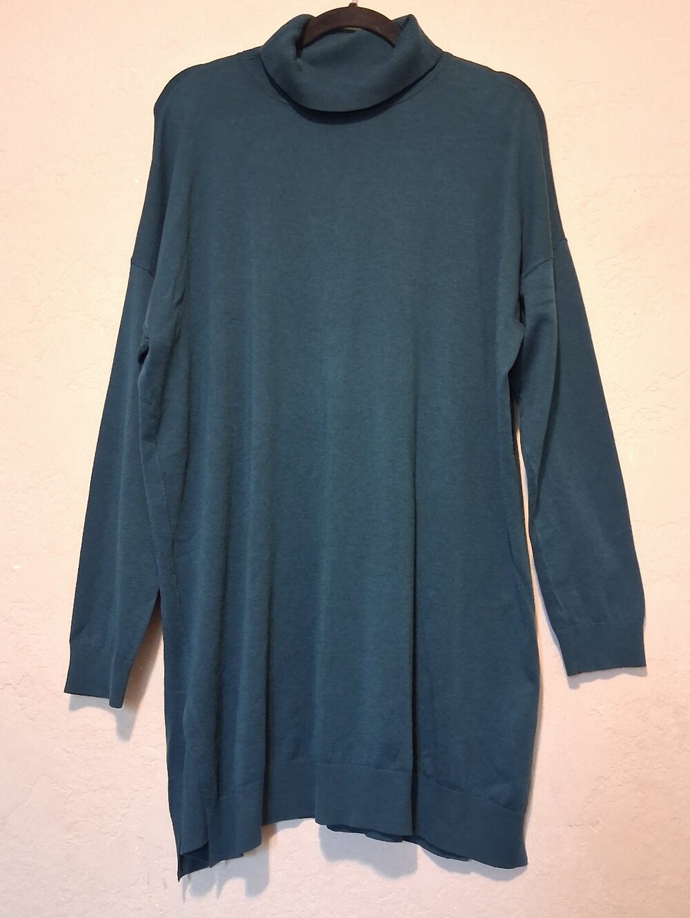 Eileen Fhisher Tunic Sweater Dress Long Sleeve Turtleneck Teal Quiet Luxury SzL
